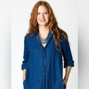 CP Shades Navy button front linen dress, Large